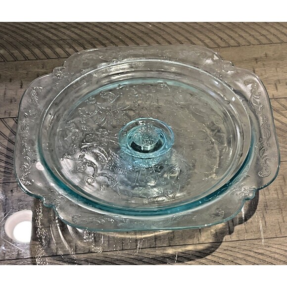 Indiana Glass Recollection Madrid Cake Stand Plate Footed Green Teal Aquamarine - Picture 2 of 5